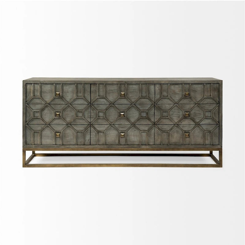 Gray Fir Veneer 9-Drawer Sideboard with Gold Metal Frame