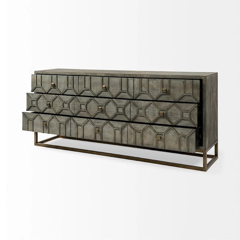 Gray Fir Veneer 9-Drawer Sideboard with Gold Metal Frame