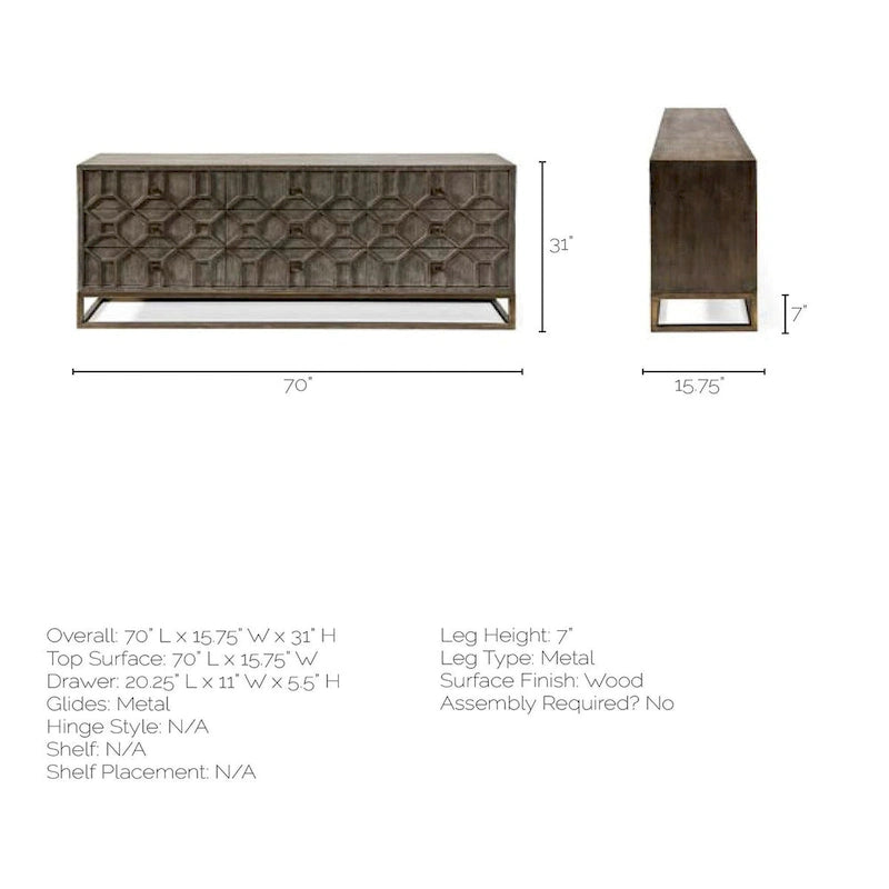 Gray Fir Veneer 9-Drawer Sideboard with Gold Metal Frame