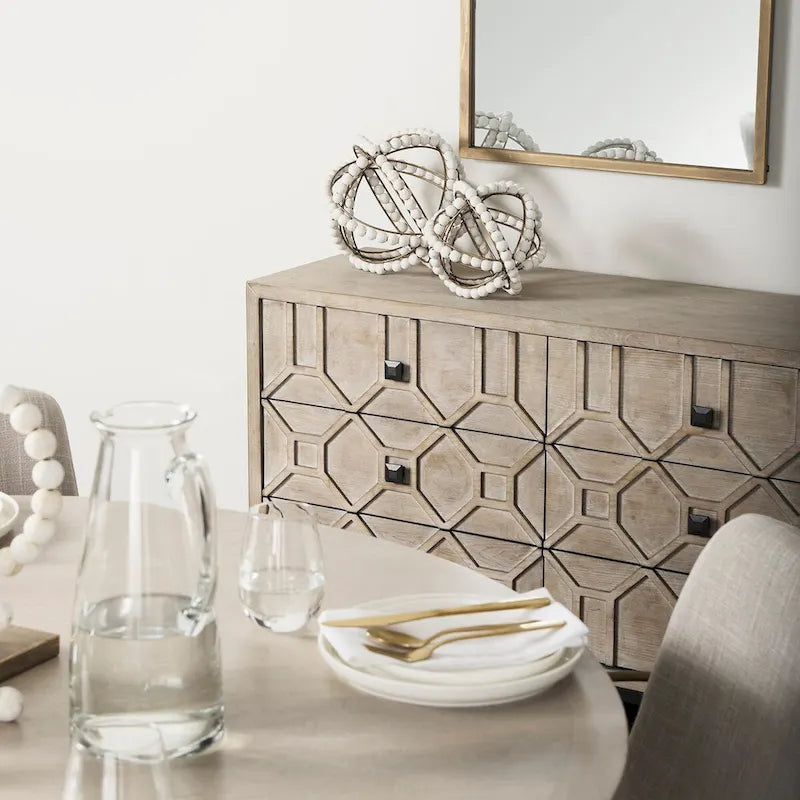 Gray Fir Veneer 9-Drawer Sideboard with Gold Metal Frame