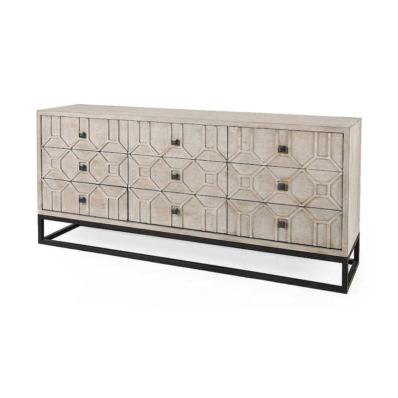 Gray Fir Veneer 9-Drawer Sideboard with Gold Metal Frame
