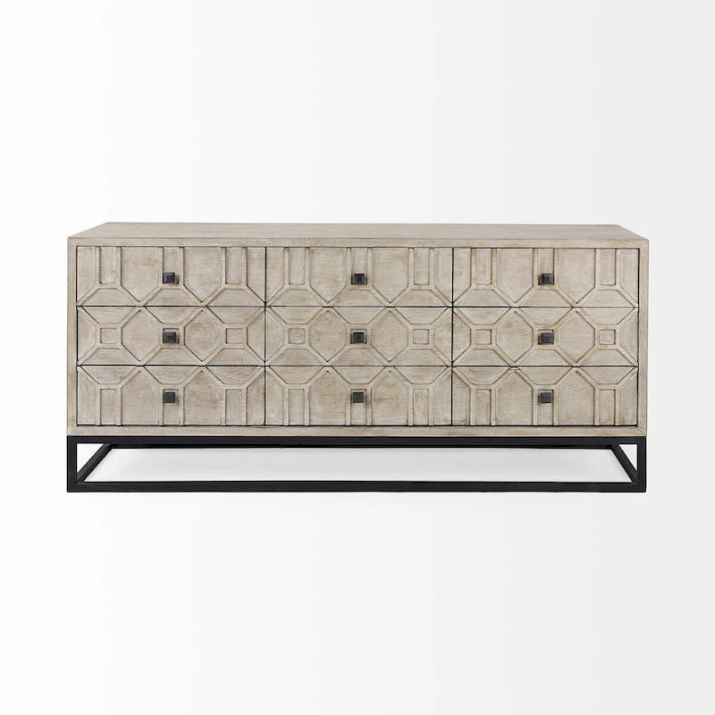 Gray Fir Veneer 9-Drawer Sideboard with Gold Metal Frame