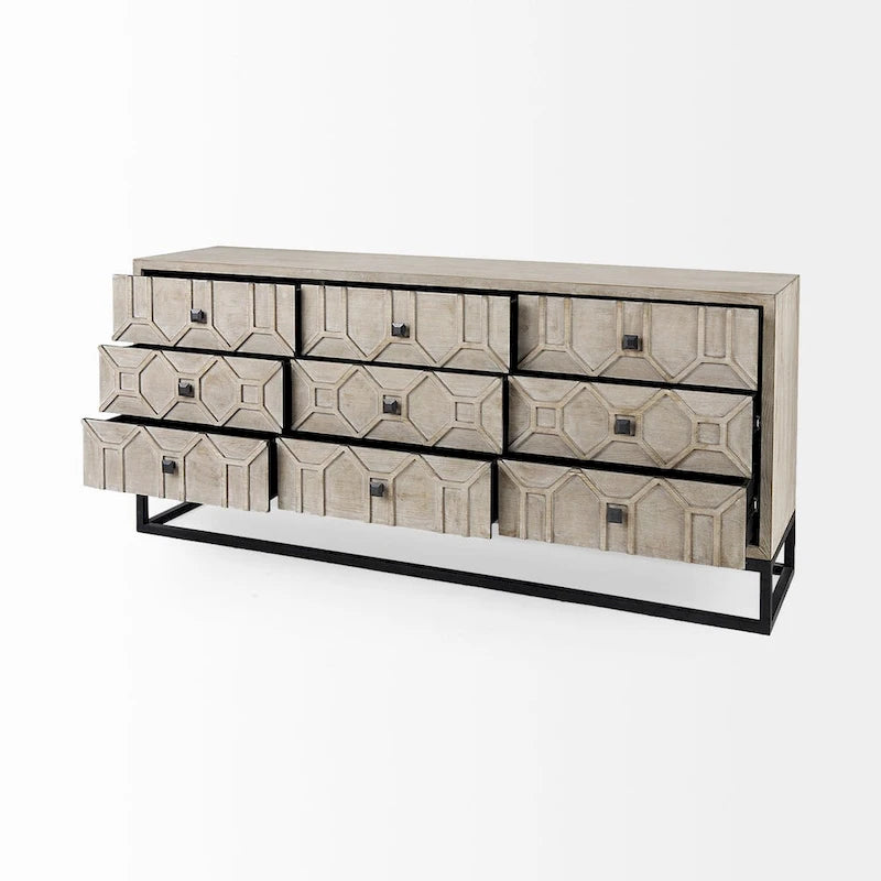 Gray Fir Veneer 9-Drawer Sideboard with Gold Metal Frame