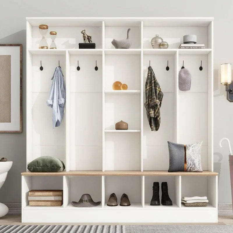 66.9" Hall Tree with Storage Bench, Cube Storage & 8 Hooks