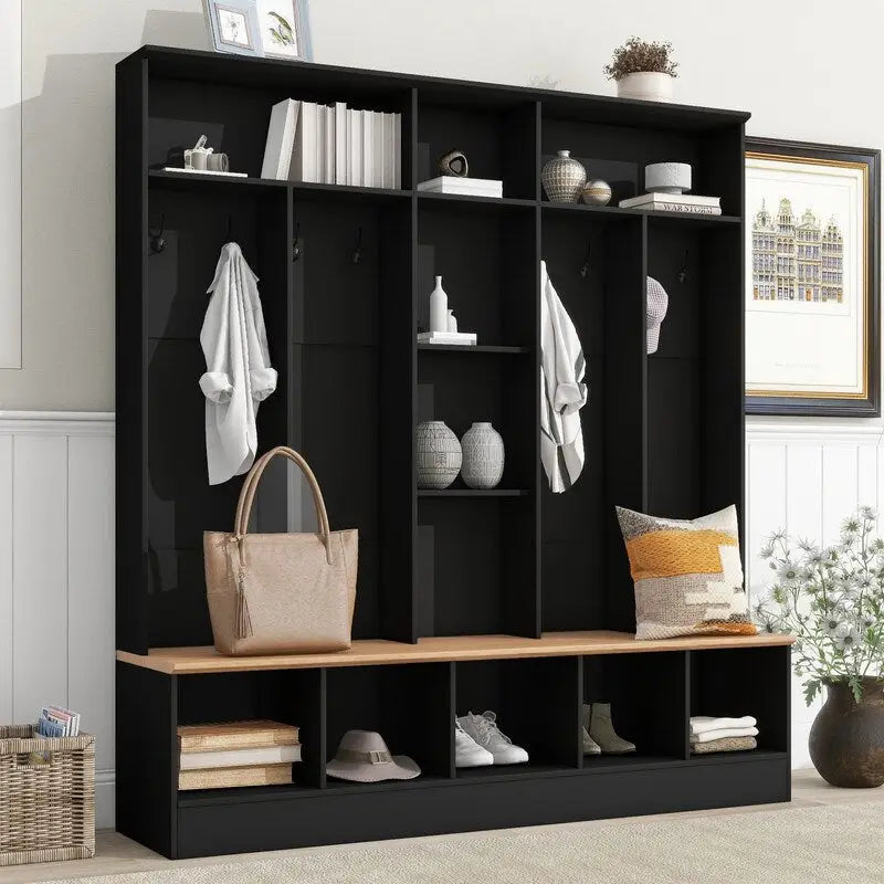 66.9" Hall Tree with Storage Bench, Cube Storage & 8 Hooks