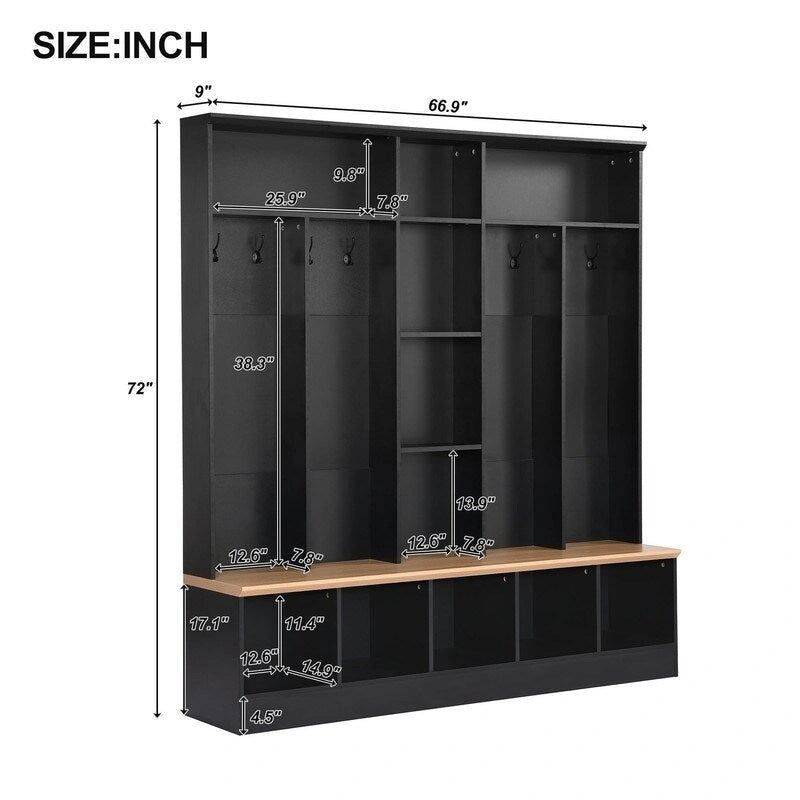 66.9" Hall Tree with Storage Bench, Cube Storage & 8 Hooks