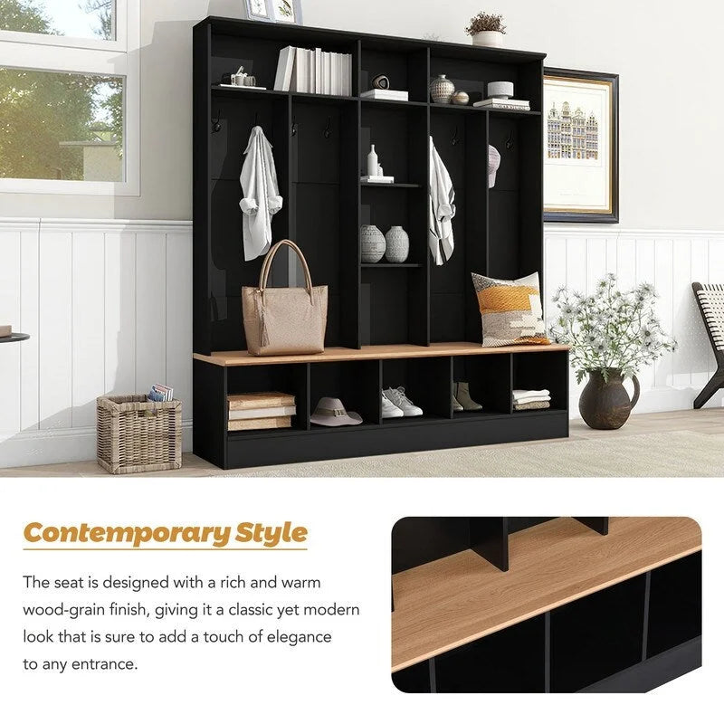 66.9" Hall Tree with Storage Bench, Cube Storage & 8 Hooks