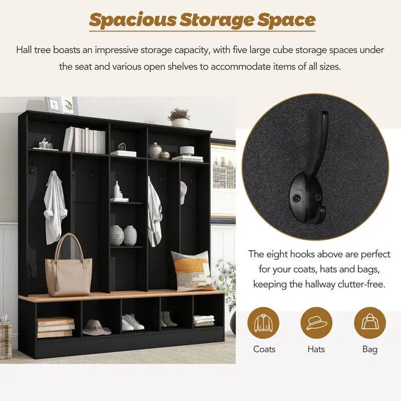 66.9" Hall Tree with Storage Bench, Cube Storage & 8 Hooks
