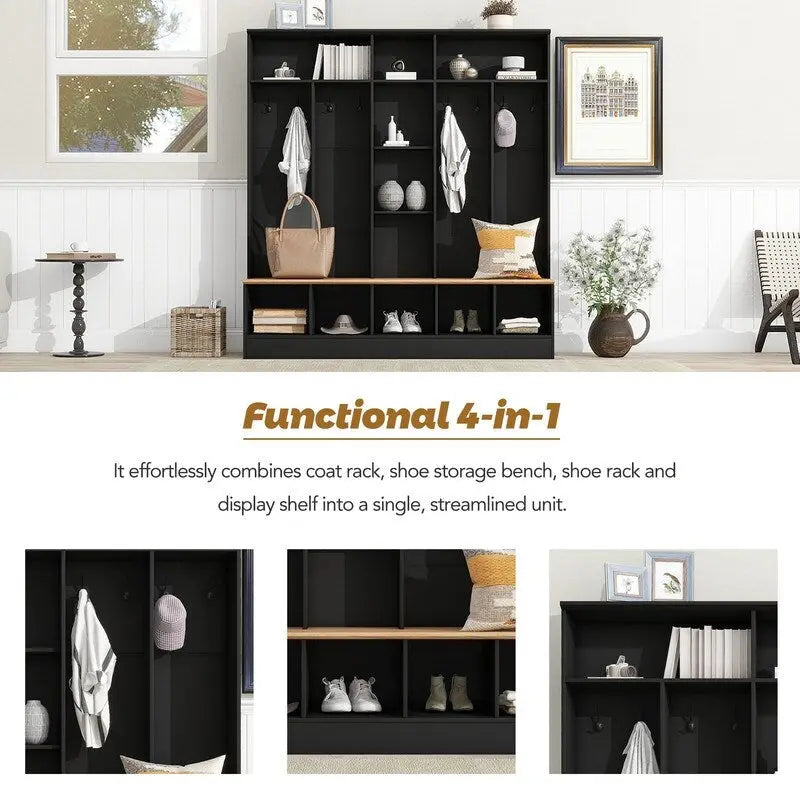 66.9" Hall Tree with Storage Bench, Cube Storage & 8 Hooks