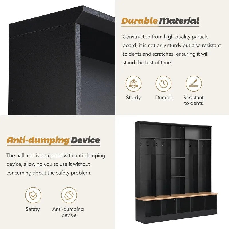 66.9" Hall Tree with Storage Bench, Cube Storage & 8 Hooks