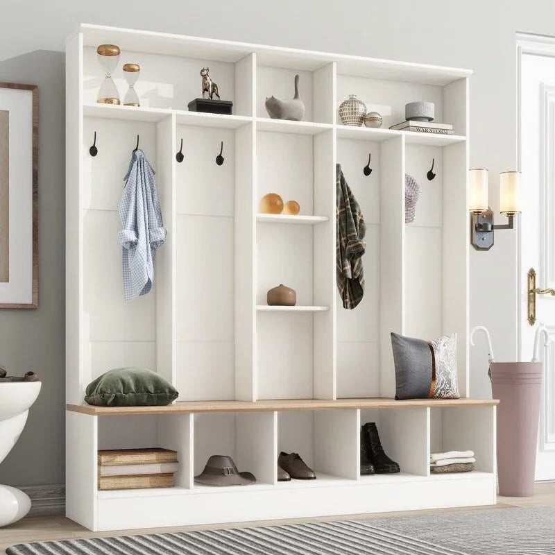 66.9" Hall Tree with Storage Bench, Cube Storage & 8 Hooks