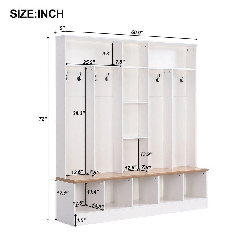 66.9" Hall Tree with Storage Bench, Cube Storage & 8 Hooks
