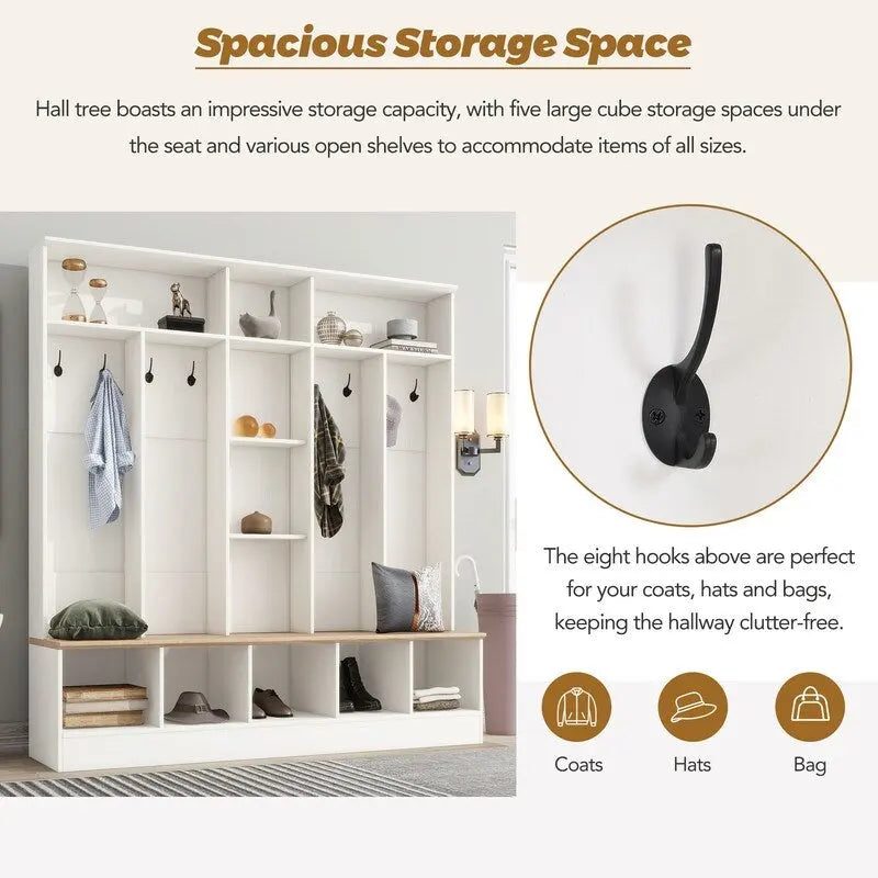 66.9" Hall Tree with Storage Bench, Cube Storage & 8 Hooks