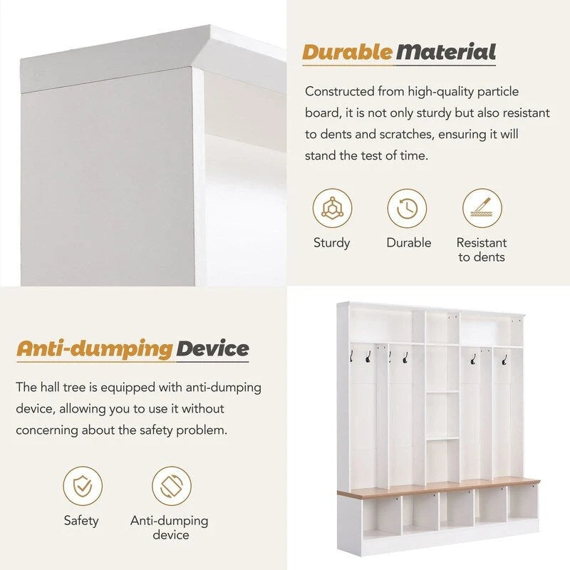 66.9" Hall Tree with Storage Bench, Cube Storage & 8 Hooks