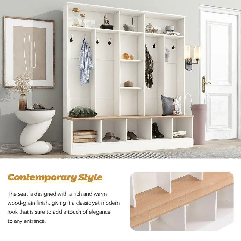 66.9" Hall Tree with Storage Bench, Cube Storage & 8 Hooks