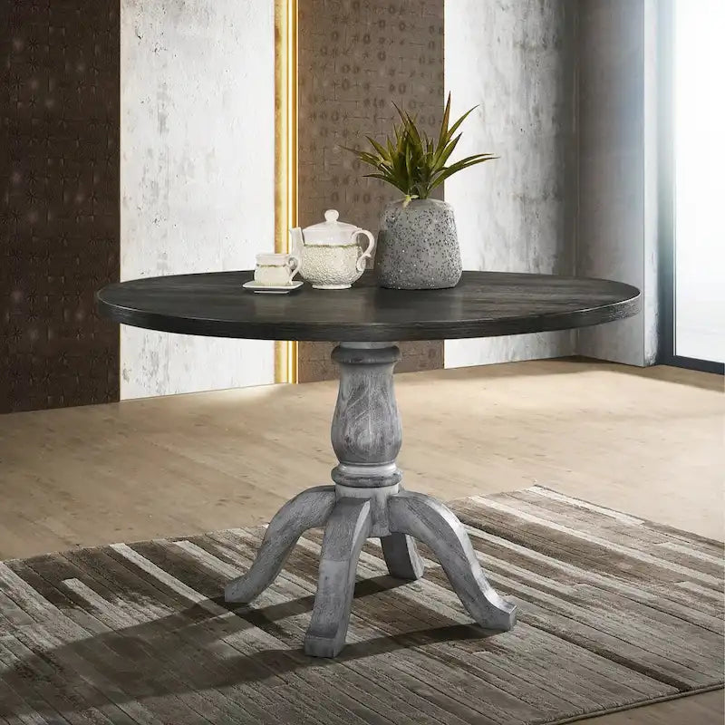 5-Piece Dining Set, Round Pedestal Table with 4 Chairs, Weathered White and Gray